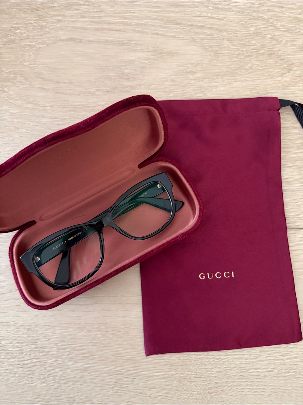 Gucci ladie’s Black eyeglasses and Case with Burgundy Dust Bag